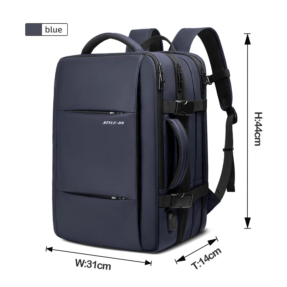 Blue backpack with dimensions on a white background