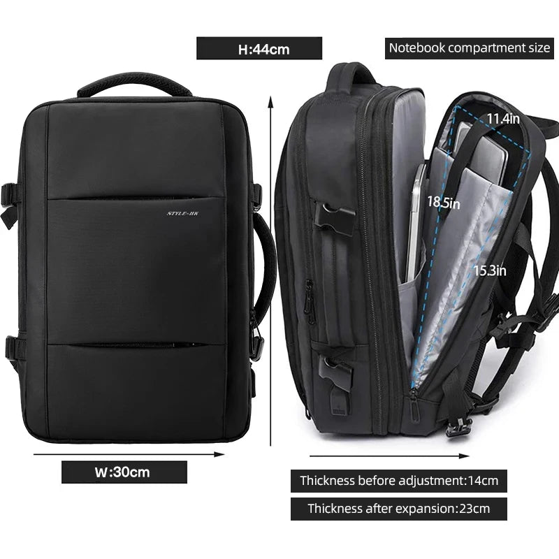 Black backpack with dimensions and compartment size indicators on a white background