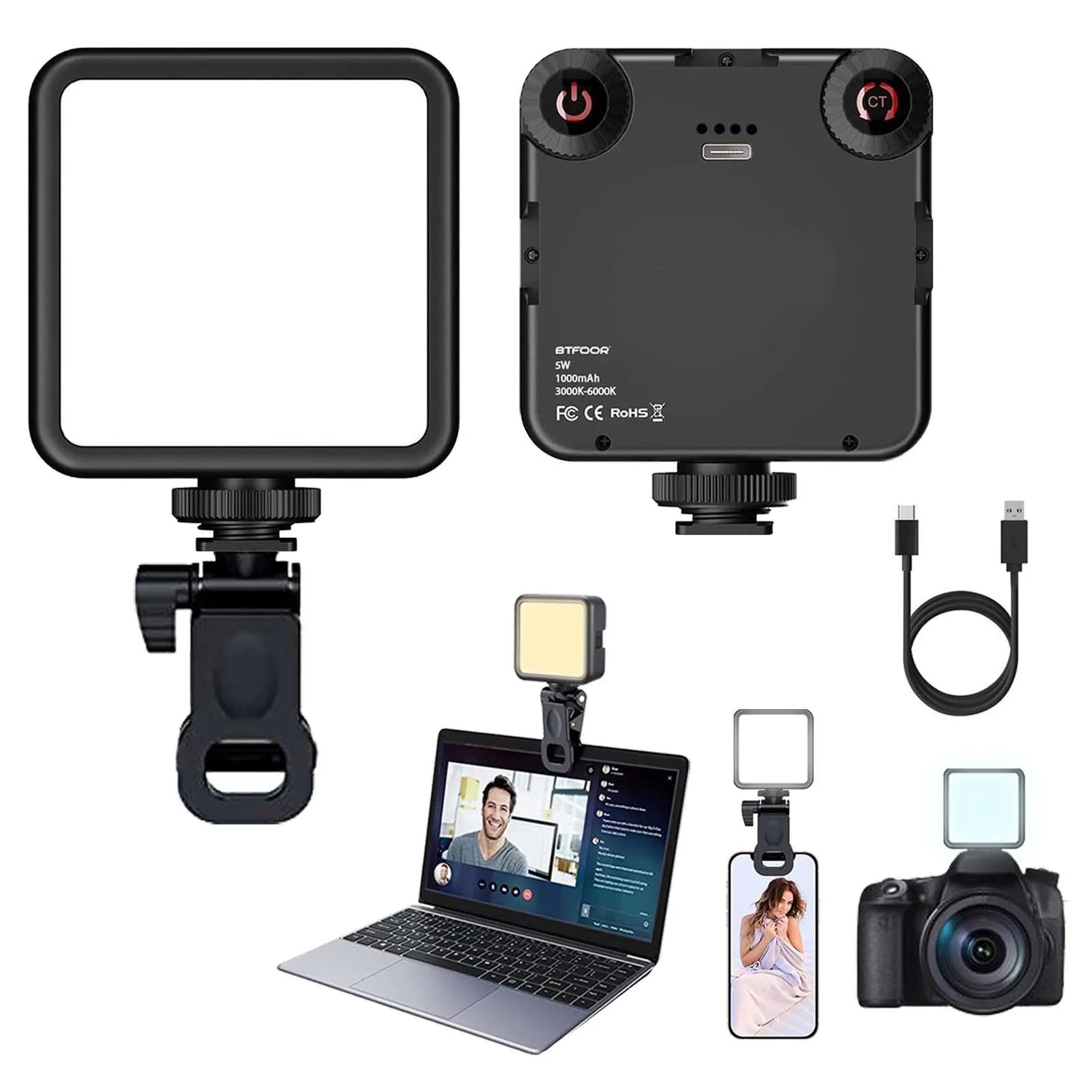 Set of video lighting equipment including a square light, camera, laptop, and accessories on a white background.