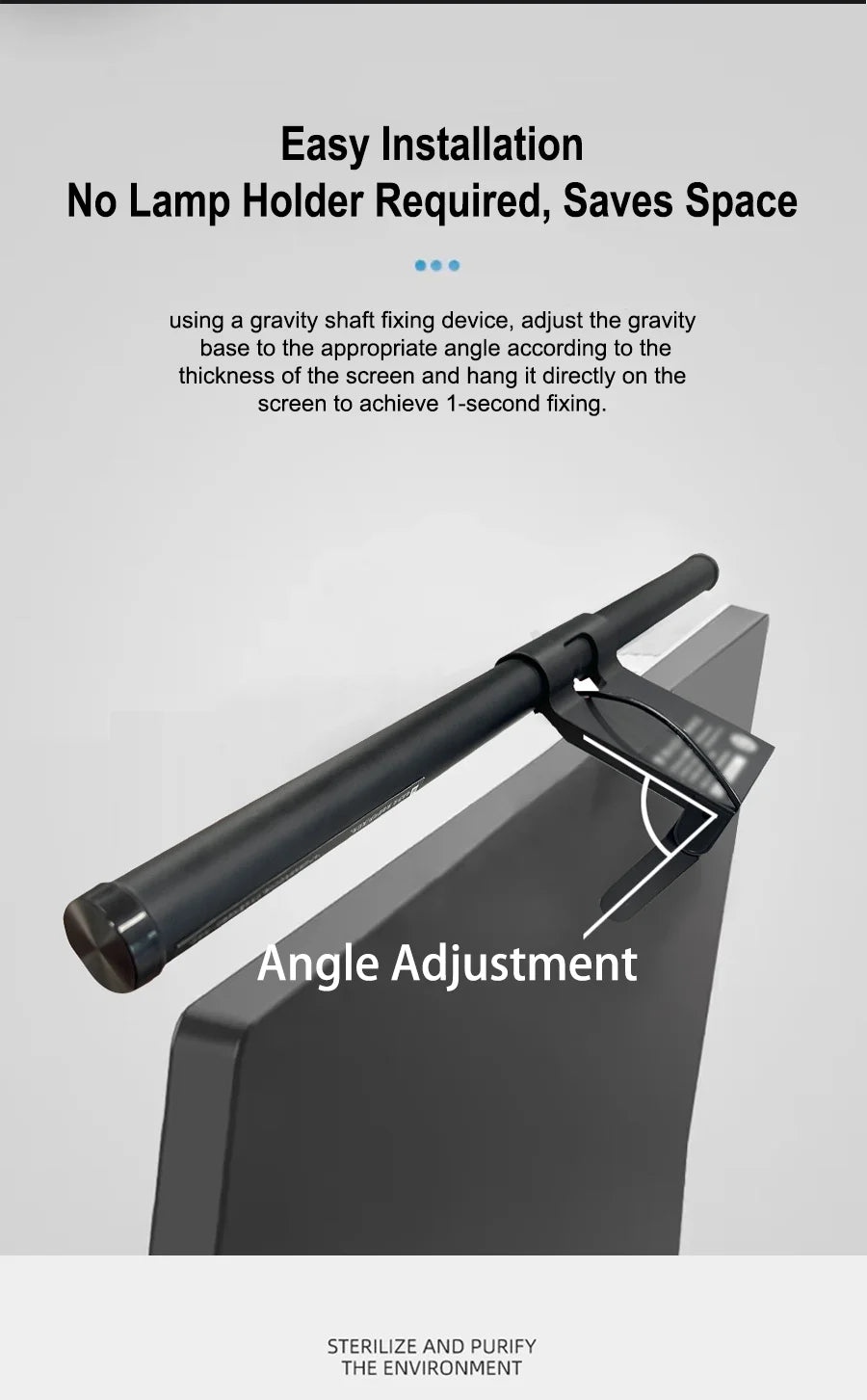 Product with text on easy installation and angle adjustment on a gray background
