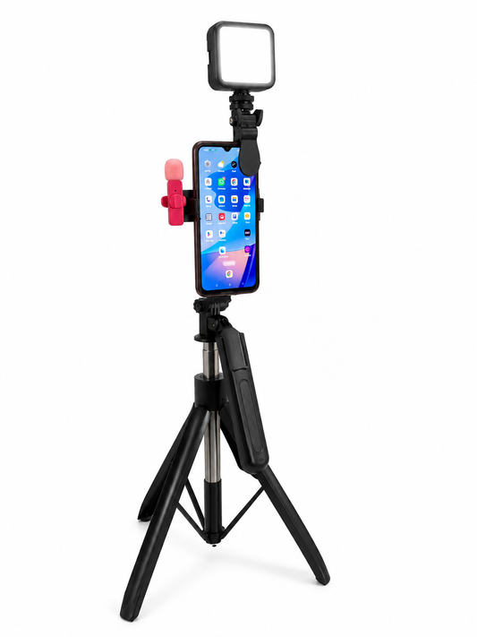 Phone holder with tripod and light on a white background
