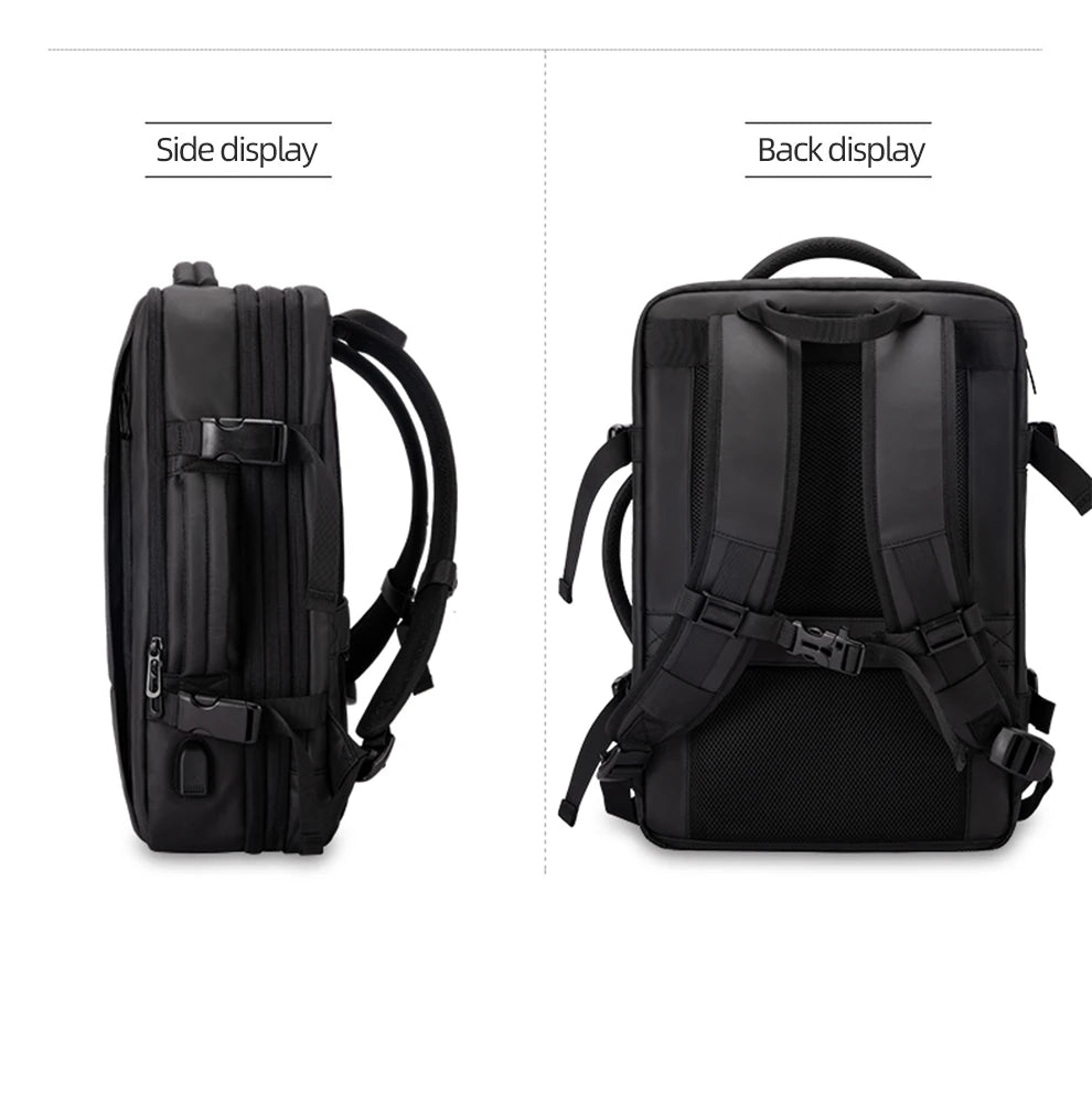 Black backpack shown from side and back on a white background