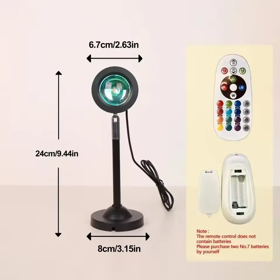 Black decorative lamp with remote control and measurements on a beige background