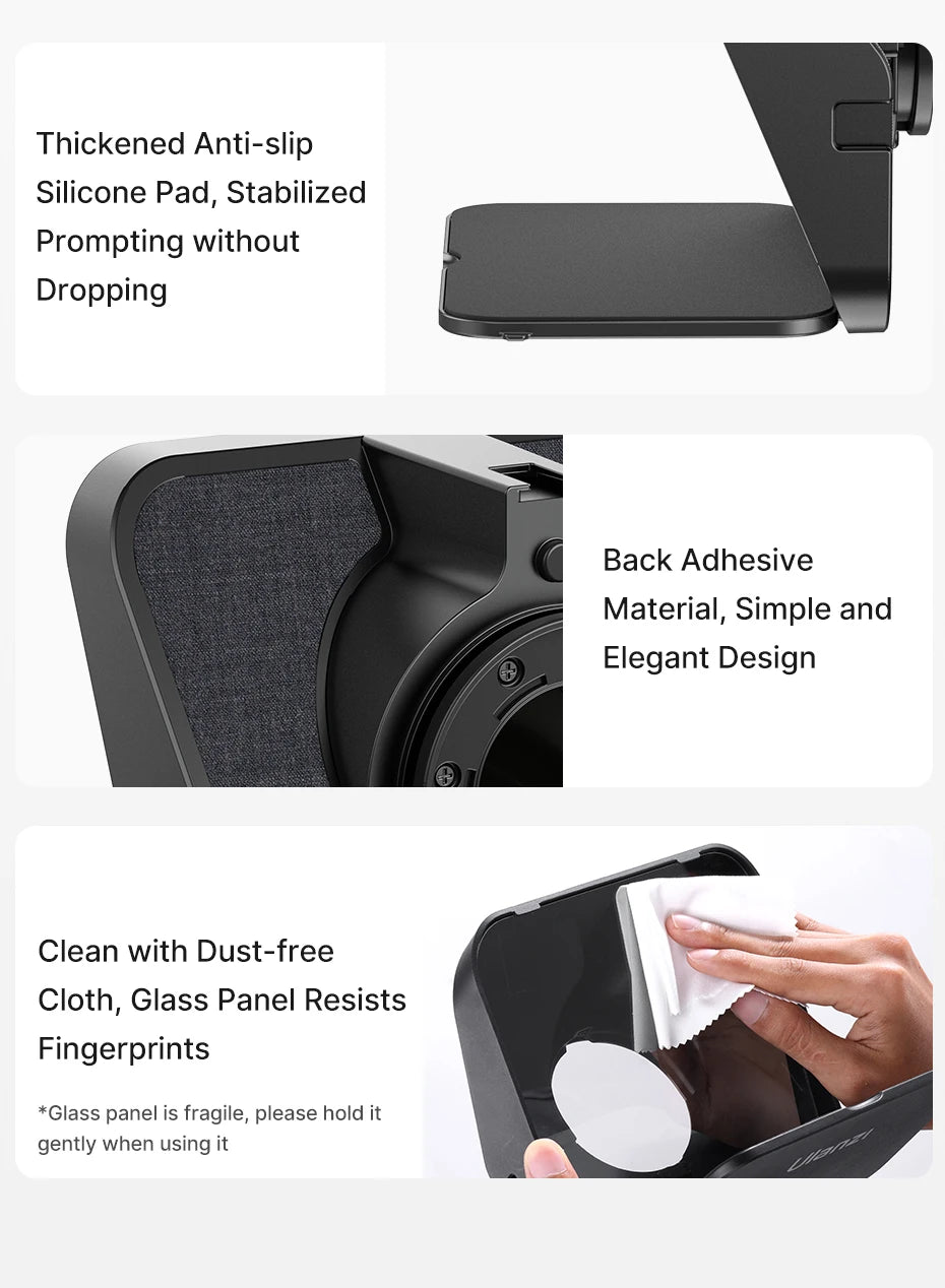 Product features including anti-slip silicone pad, adhesive material, and cleaning instructions on a white background.