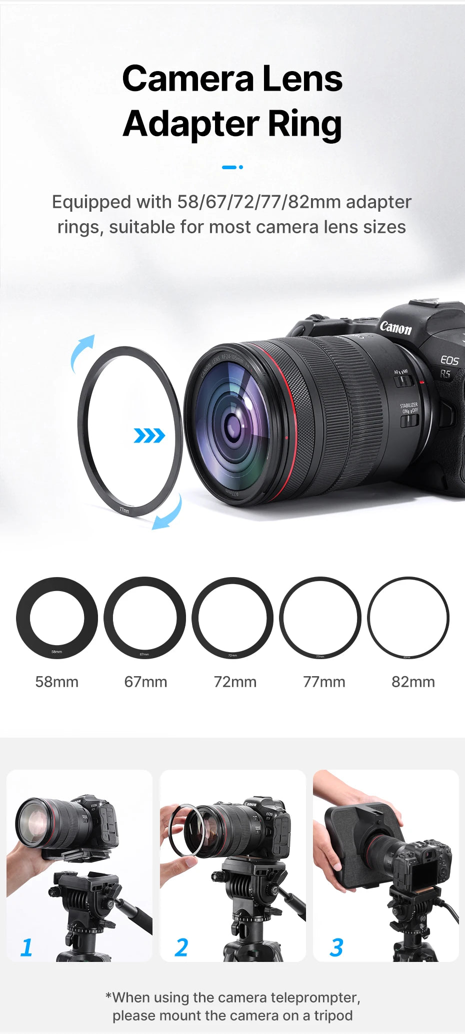 Camera lens adapter ring with compatibility chart and usage instructions on a white background