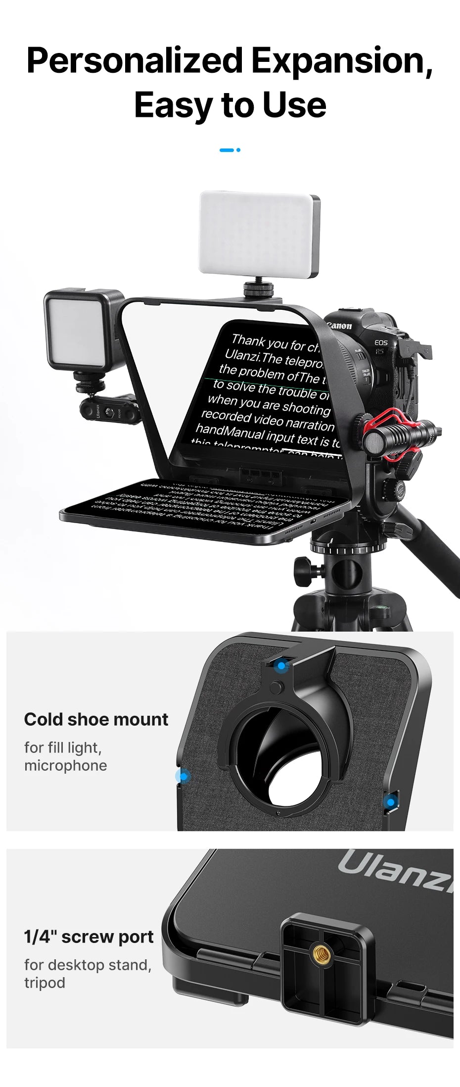 Camera accessory with cold shoe mount and 1/4" screw port on a white background