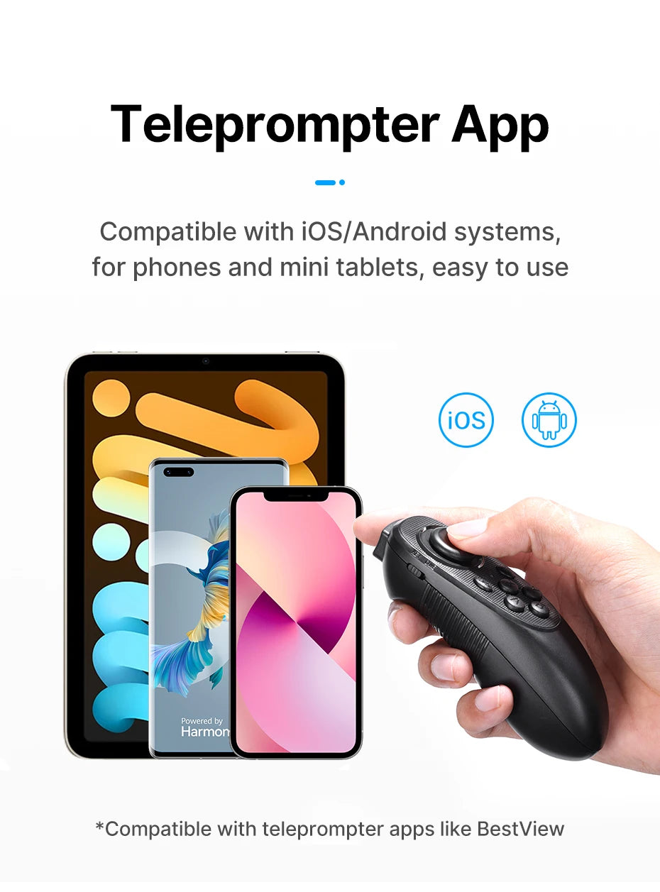 Hand holding a remote control with teleprompter app text and compatibility information on a white background