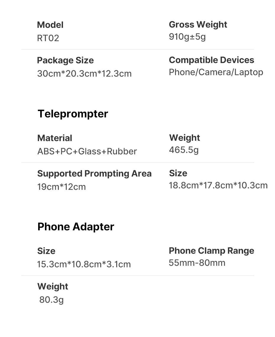 Product specifications for a teleprompter and phone adapter on a white background