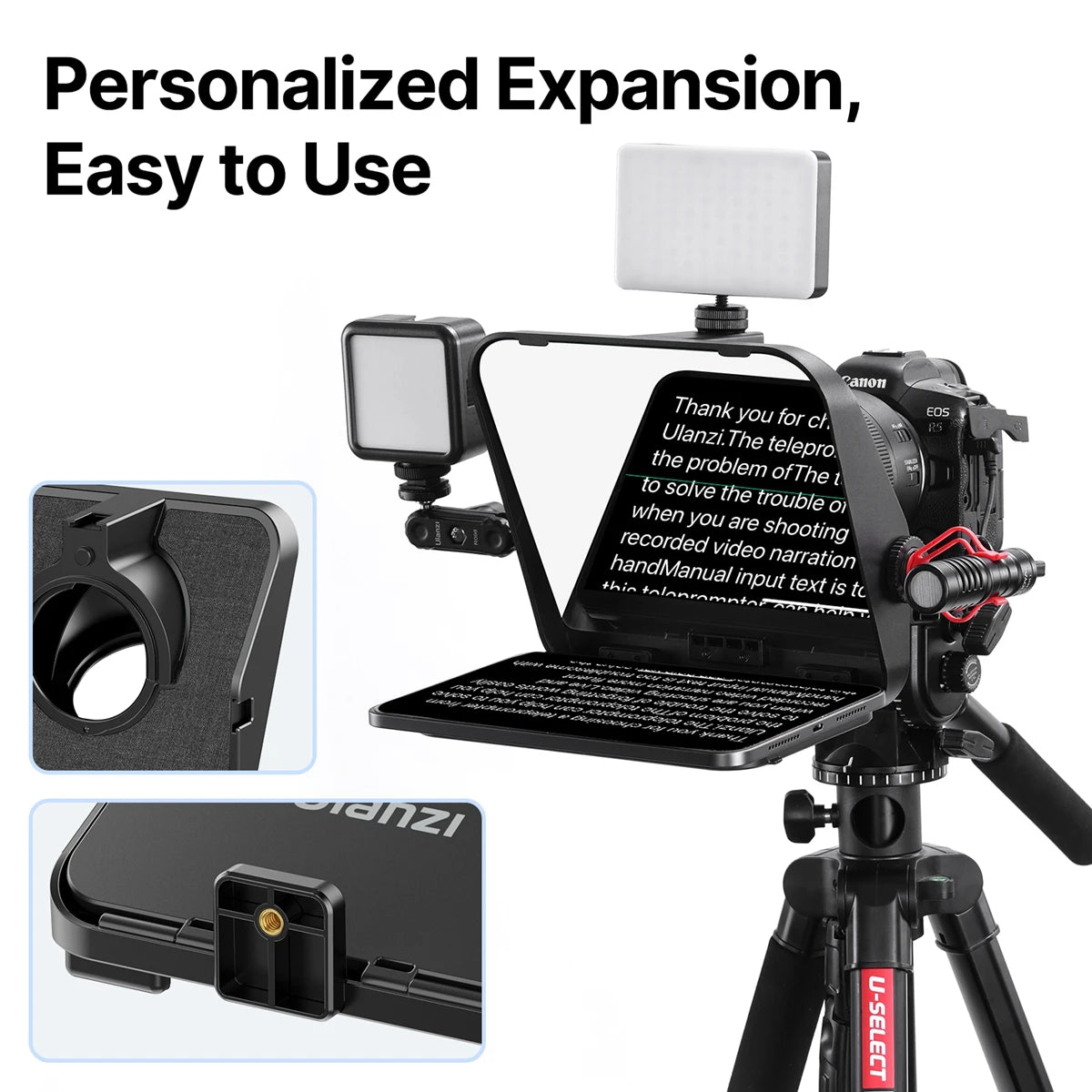 Camera setup with phone holder and accessories on a white background