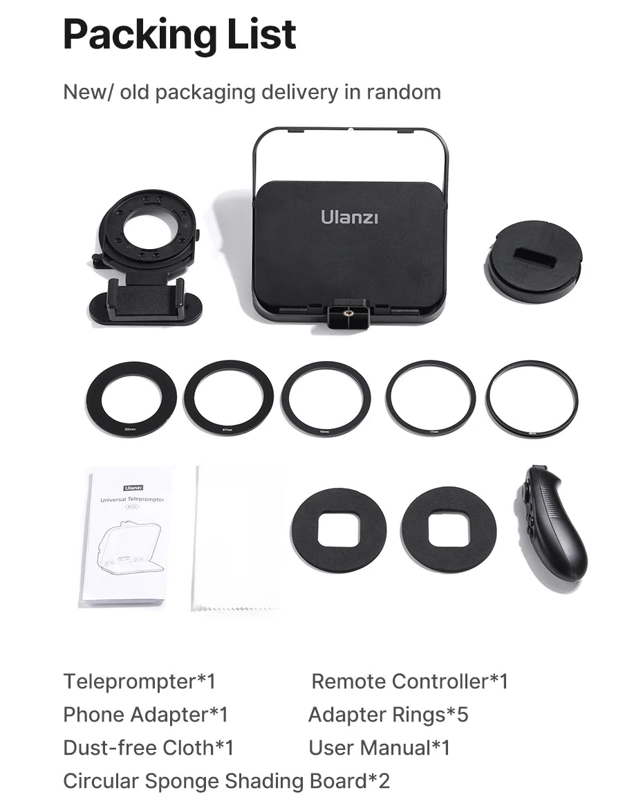 Packing list of Ulanzi photography accessories including a teleprompter, remote controller, phone adapter, dust-free cloth, circular sponge shading board, and user manual on a white background.
