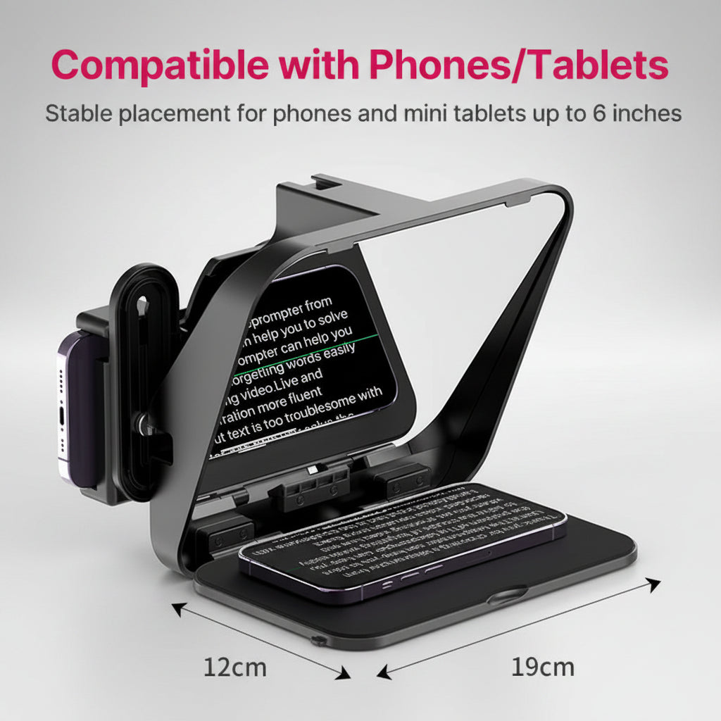 Phone or tablet stand with screen magnification feature, compatible with phones and mini tablets up to 6 inches.