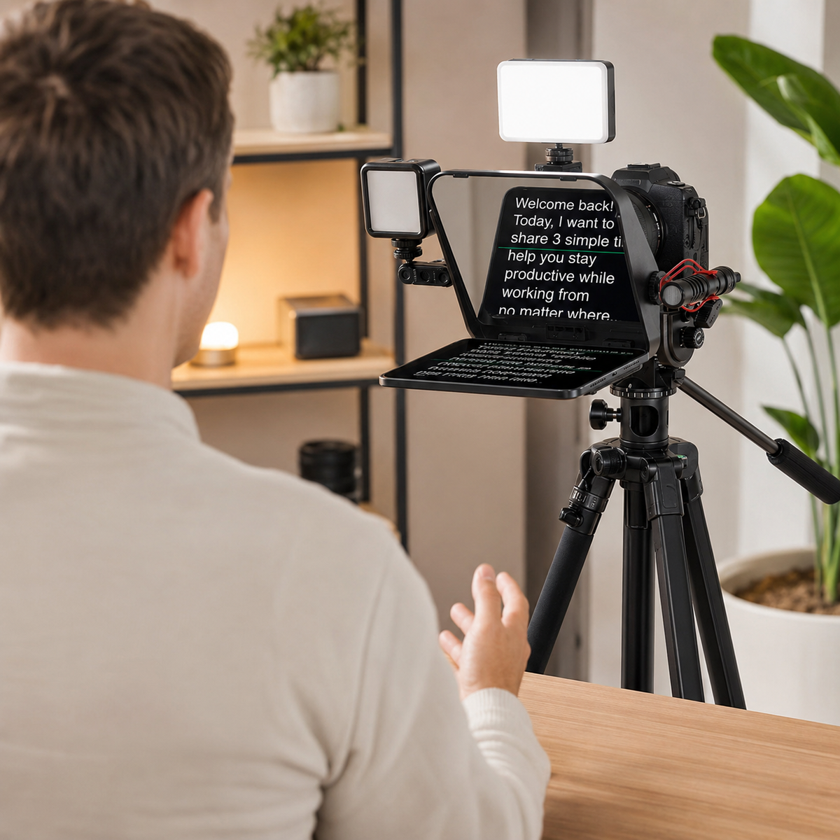 Person recording a video with a camera on a tripod in a home office setting