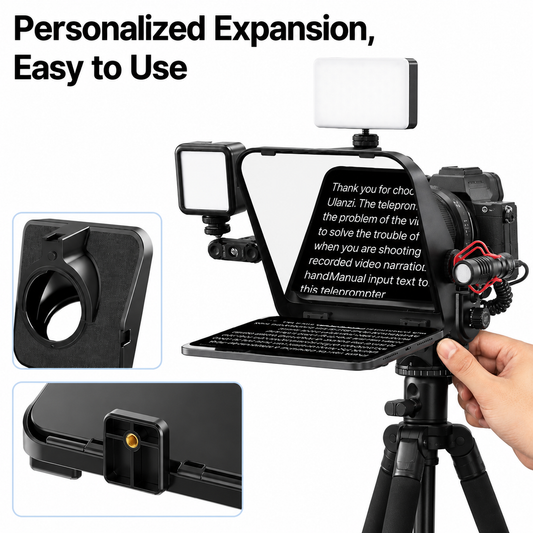 Camera setup with phone holder and light on a tripod, featuring text about personalized expansion and ease of use.