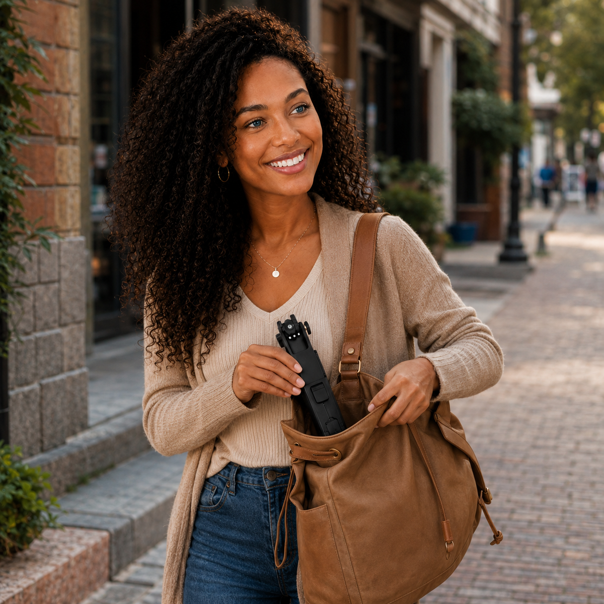 Woman holding a brown bag and a small tripod on a city street